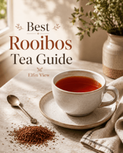 brewed rooibos tea in a white cup with loose rooibos leaves, best rooibos tea guide from Elfin View