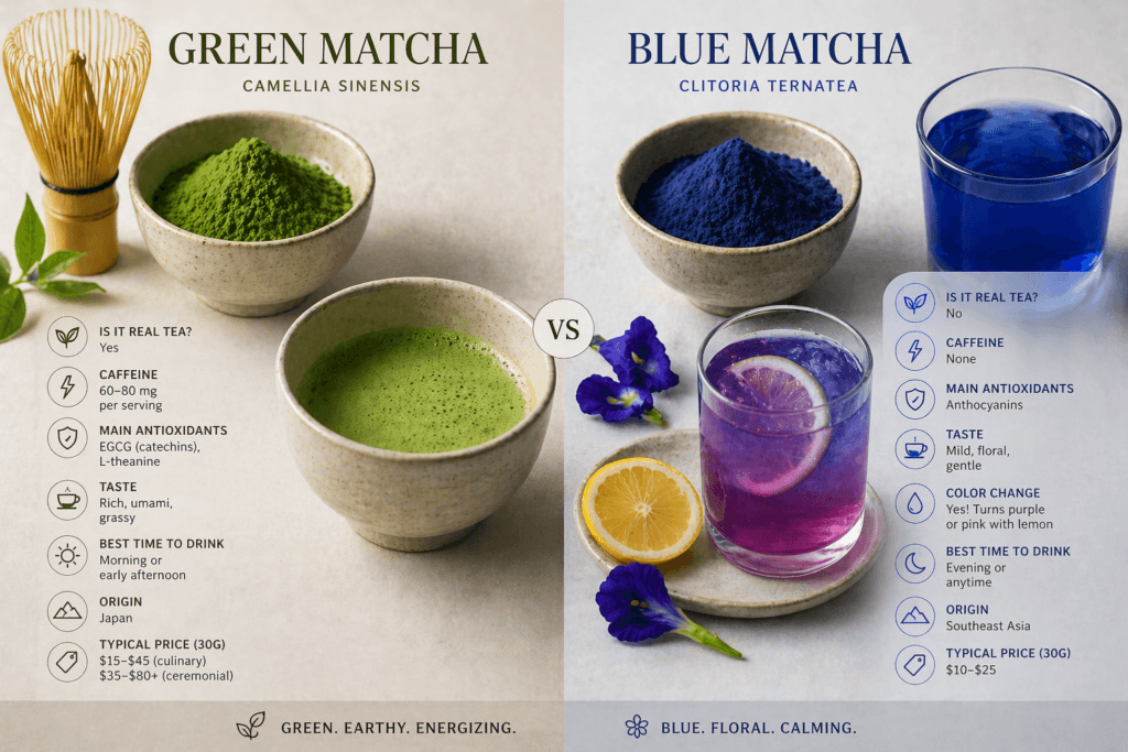 Green or Blue Matcha: Which Is Better? A Simple Guide 2026 3 A high-end editorial side-by-side comparison image of green matcha and blue matcha powders and drinks, split composition with green matcha on the left and blue matcha (butterfly pea) on the right, vibrant green matcha powder in a ceramic bowl with bamboo whisk and prepared frothy green tea, contrasted with deep blue matcha powder in a similar bowl with a vivid blue drink, minimal neutral background, soft natural lighting, clean modern layout, subtle text placeholders for comparison (caffeine, origin, taste), lemon wedge on blue side showing color shift to purple, ultra-realistic, 8k, sharp focus, soft shadows, aesthetic similar to luxury wellness brands, no clutter, balanced composition