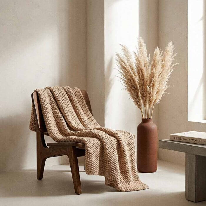 Tan chunky knit cotton throw blanket draped over the arm of a brown chair. The thick, woven rope-like texture of the cotton is visible in the bright sunlight.