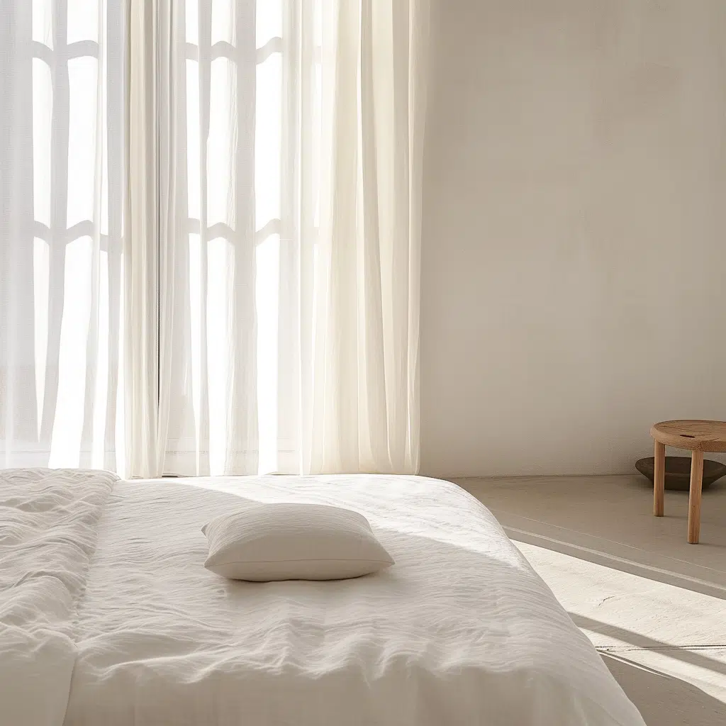 A minimalist bedroom with a low bed covered in crisp white organic cotton sheets. A single pillow rests at the center, inviting rest. Natural light pours through sheer curtains, creating a calm and serene atmosphere conducive to relaxation and tranquility.