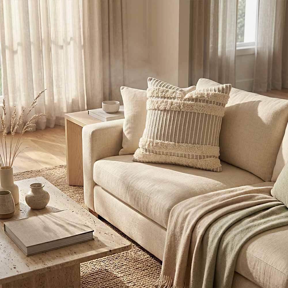 Grey Tufted Pillow Cover | Hand-Stitched Cotton | Boho Farmhouse 18 x 18 Pillow Cover 4 oho farmhouse pillow cover in oyster styled on cream bouclé armchair with chunky knit throw and reading nook