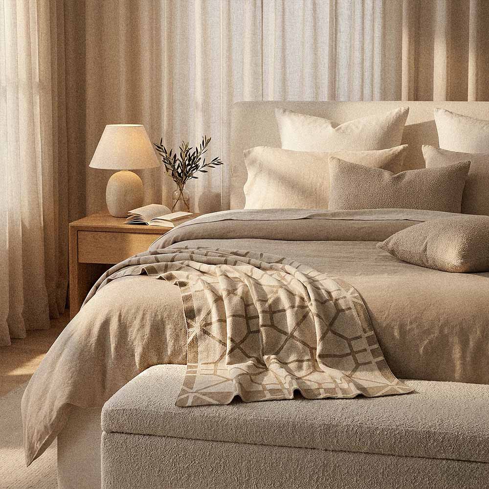 Simone lightweight cotton blanket | Lightweight Geometric Knit 3 Cream lightweight cotton throw blanket in geometric knit draped on bouclรฉ bench in warm neutral bedroom with linen bedding and olive branches