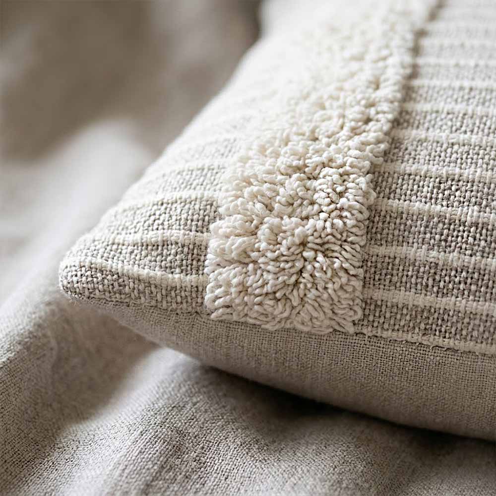 Grey Tufted Pillow Cover | Hand-Stitched Cotton | Boho Farmhouse 18 x 18 Pillow Cover 3 and-tufted pillow cover detail showing white tufted stripes on oyster cotton base with traditional weaving texture