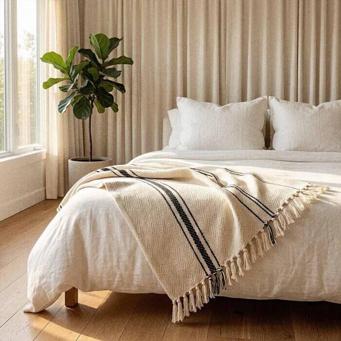 Oversized Turkish cotton throw blanket used as coverlet on cream linen bed in quiet luxury bedroom styling