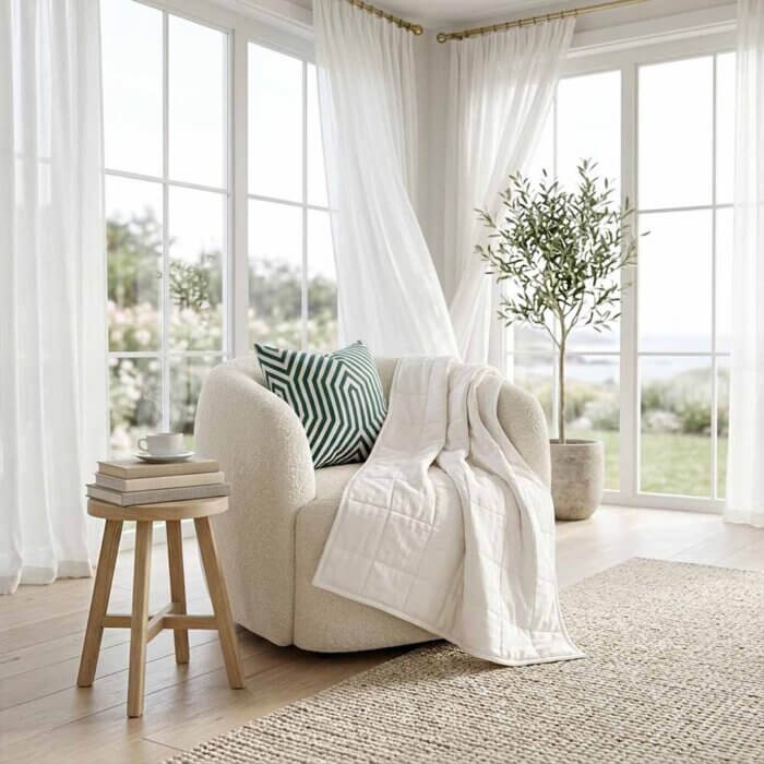 Quilted cotton throw blanket in white channel matelassé draped on bouclé armchair in bright coastal living room with olive tree