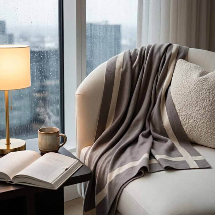 Striped cotton throw blanket in charcoal and cream draped on cream armchair with reading nook and warm brass lamp by rainy window