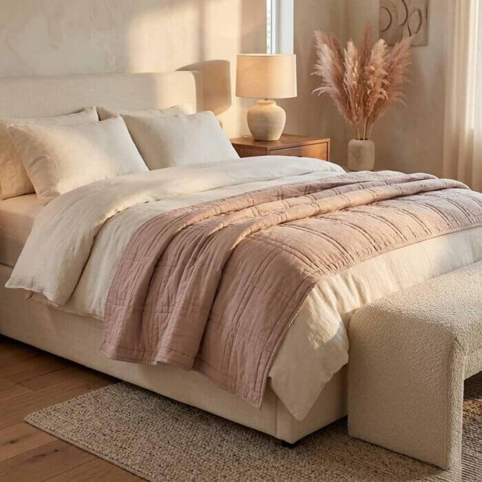 pink greige quilted throw blanket in stonewashed cotton folded across made bed with cream linen bedding and pampas grass