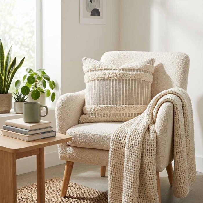 Tufted pillow cover in oyster cotton with hand-stitched stripes styled on bouclé armchair with knit throw and warm minimalist living room