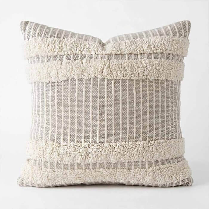 Cotton tufted pillow cover oyster gray hand-stitched stripe and tufted texture close-up
