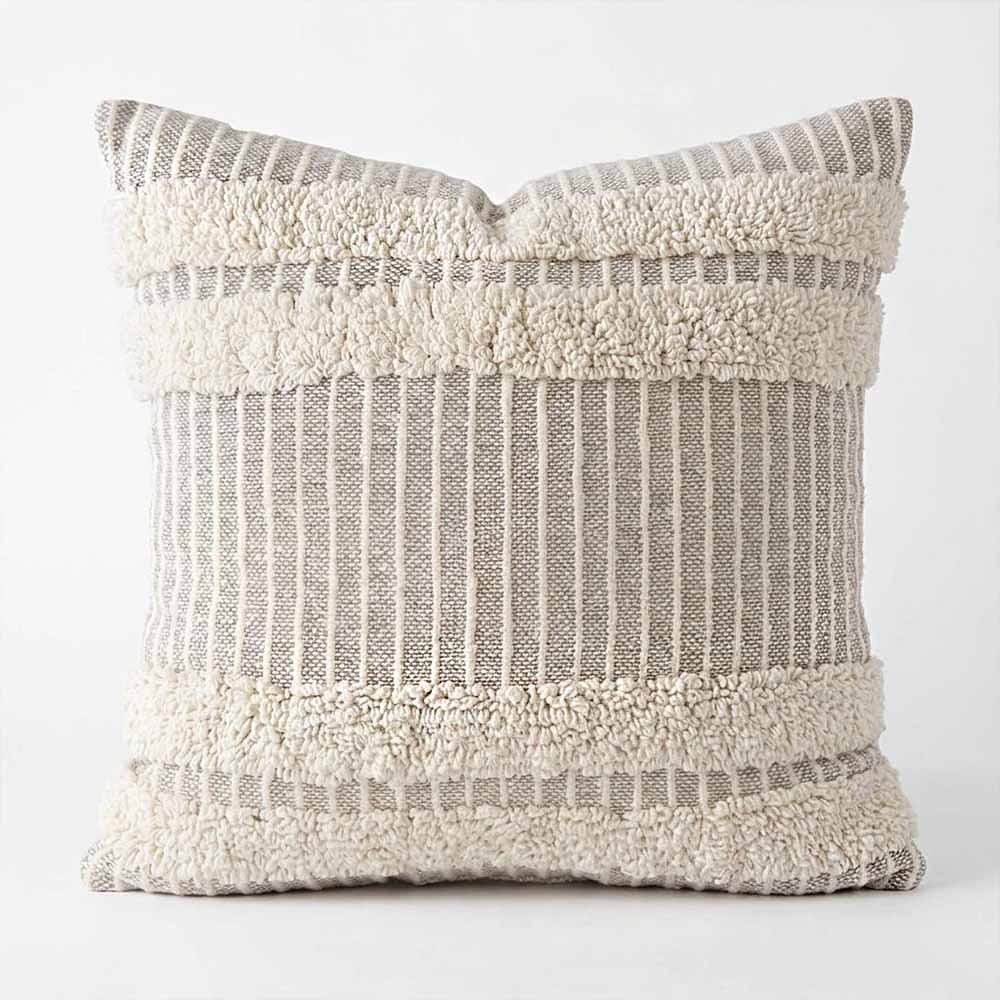 Grey Tufted Pillow Cover | Hand-Stitched Cotton | Boho Farmhouse 18 x 18 Pillow Cover 2 Cotton tufted pillow cover oyster gray hand-stitched stripe and tufted texture close-up