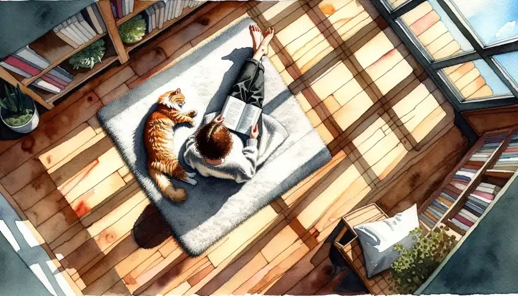 an illustration of a man and his cat sitting on his home library floor made of bamboo