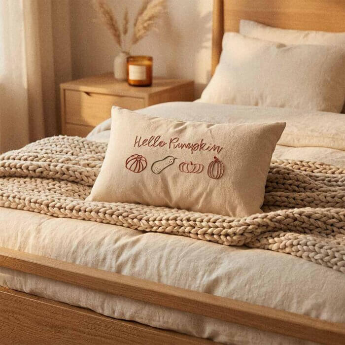 embroidered-lumbar-pillow-pumpkin-hand-stitched Hello Pumpkin embroidered lumbar pillow on linen bedding with chunky knit throw in cozy fall bedroom