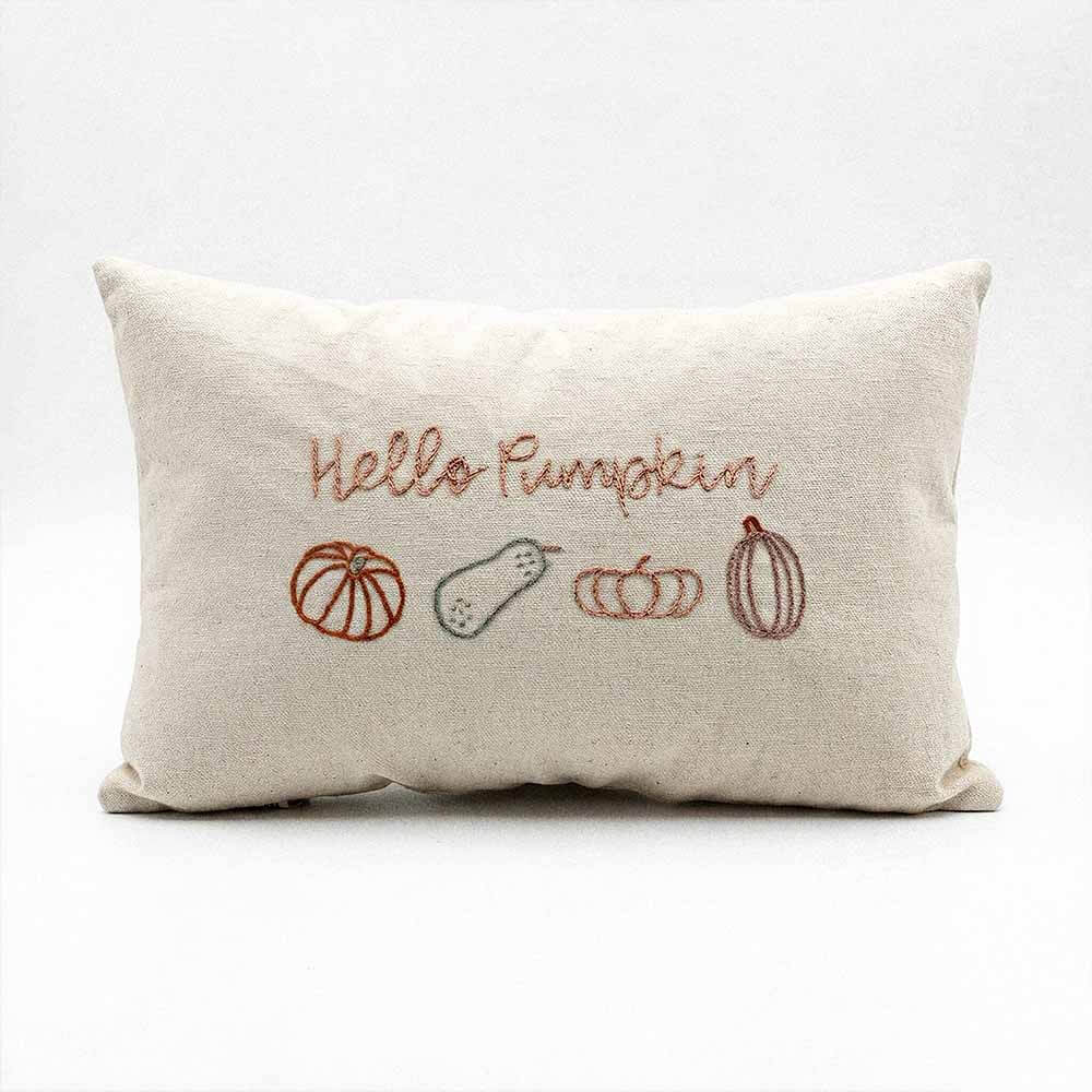 Hello Pumpkin Embroidered Lumbar Pillow | Hand-Stitched Fall Decor | Natural Cotton 1 Embroidered lumbar pillow hand-stitched Hello Pumpkin script with autumn pumpkin and gourd motif