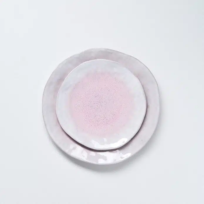 16-Piece Pink and White Stoneware Set | Handcrafted in Portugal 10 egg back home salad plate on white background