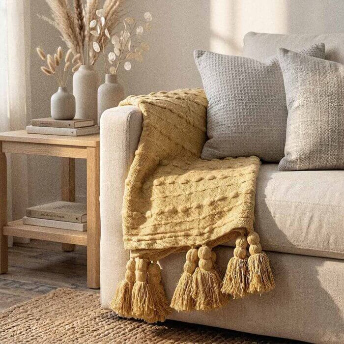 Golden yellow throw with tassels hand-knotted detail in warm mustard cotton