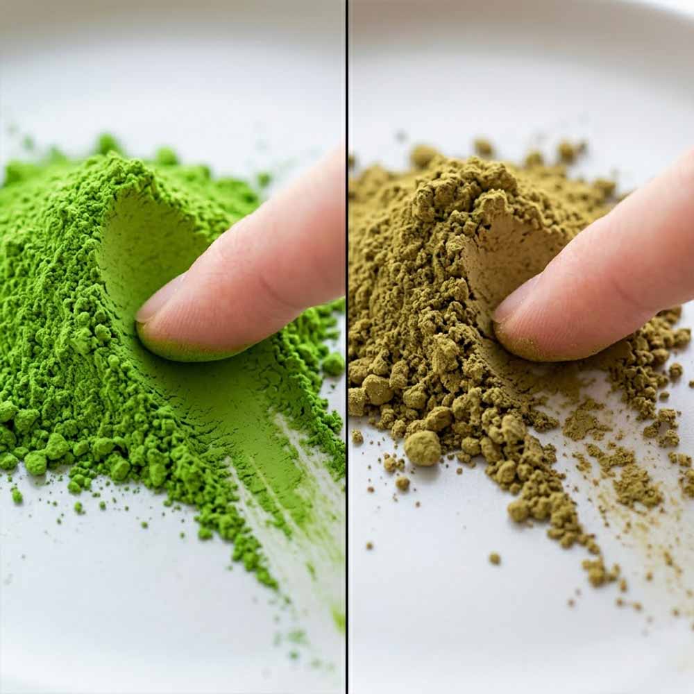 I Tested 10 Matcha Powders: How to Spot High-Quality Green Matcha Tea 2 Alt Text: A side-by-side comparison of two matcha powders. On the left, a vibrant, electric lime-colored high quality green matcha tea powder with a smooth texture. On the right, a dull, brownish-yellow culinary grade matcha. A finger is shown pressing into both to demonstrate the difference in fine texture and pigment.