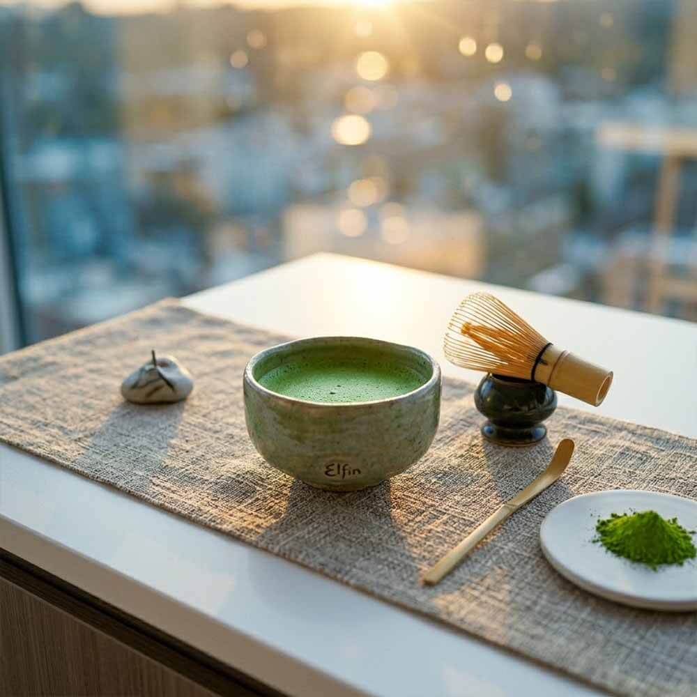 I Tested 10 Matcha Powders: How to Spot High-Quality Green Matcha Tea 1 A ceramic bowl of frothy, high quality green matcha tea sits on a linen runner atop a wooden coffee table. Soft golden sunlight illuminates the tea and a small potted green plant nearby, with a cozy, blurred living room in the background.