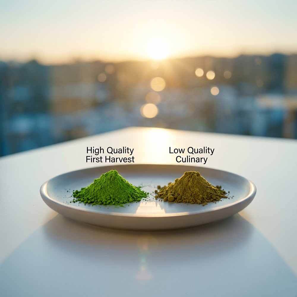 I Tested 10 Matcha Powders: How to Spot High-Quality Green Matcha Tea 3 A split-screen comparison of two small mounds of matcha powder on white plates, resting on a table against a blurry city skyline at sunset. On the left, a mound of vibrant, electric green powder with a finger pressing into it, creating a deep indentation. Text above reads "High Quality First Harvest". On the right, a mound of duller, olive-green culinary grade powder. Text above reads "Low Quality Culinary". The left side highlights the smooth texture and rich color of high quality green matcha.