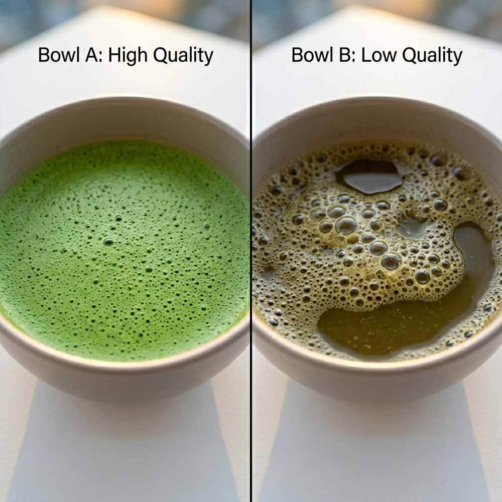 I Tested 10 Matcha Powders: How to Spot High-Quality Green Matcha Tea 4 A split-screen comparison of two ceramic bowls of whisked tea. The left bowl, labeled "Bowl A: High Quality," contains a vibrant, electric-emerald high quality green matcha with a uniform layer of fine, velvety foam. The right bowl, labeled "Bowl B: Low Quality," holds a dull, brownish-olive tea with large, uneven bubbles and thin foam. Text is at the top and bottom of each side, emphasizing the contrast in appearance.