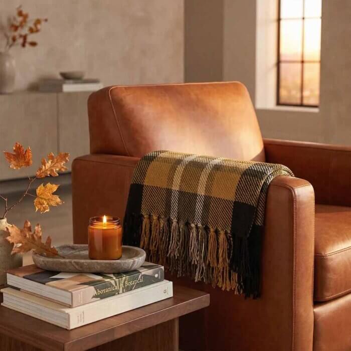 throw blanket for couch A rich tan leather armchair with a yellow and black blanket draped over the arm. A lit candle and a stack of books are on a side table in front of a sunlit window. throw blanket for couch