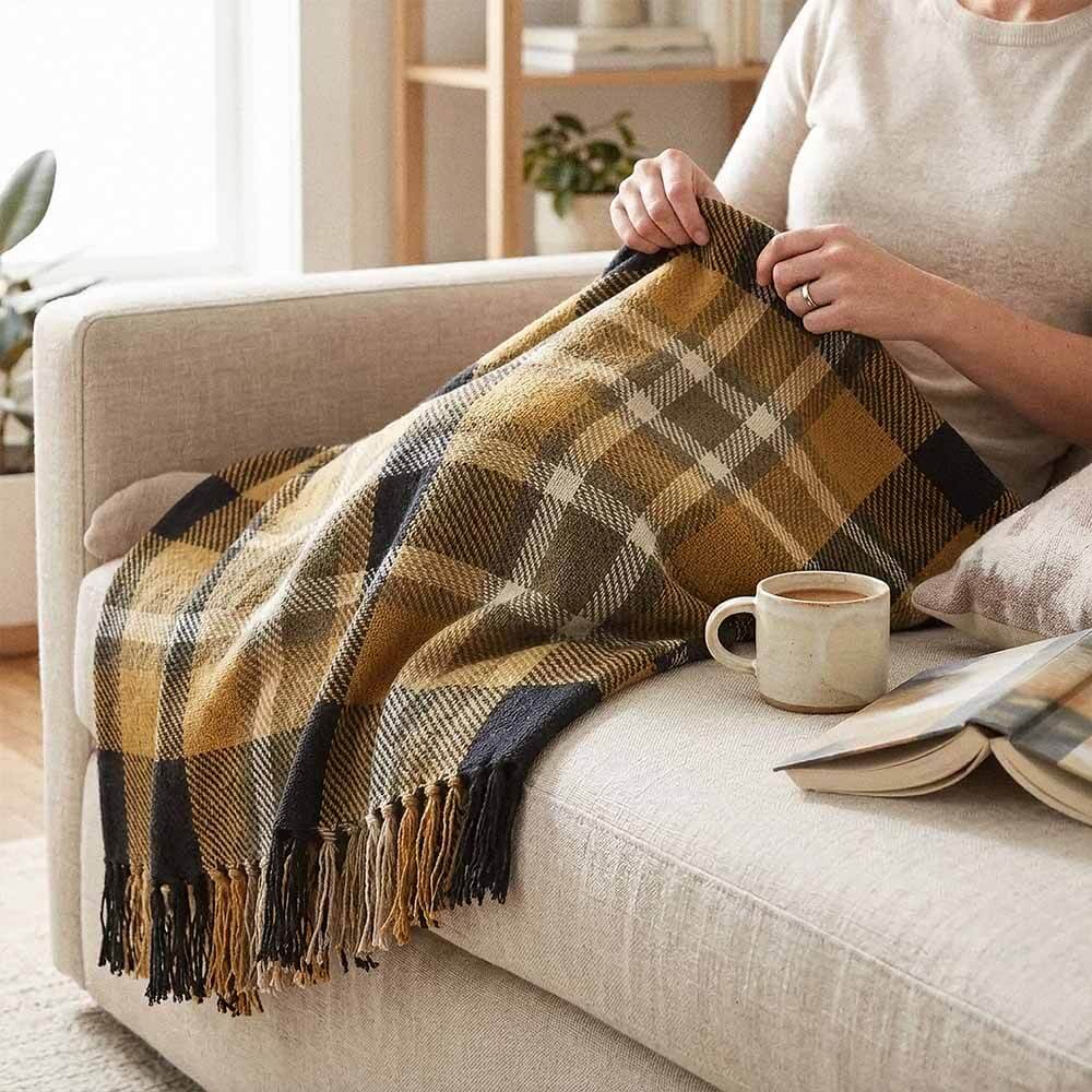 Yellow and Black Plaid Throw Blanket with Fringe 5 A woman sitting on a cream-colored couch, wrapping a yellow plaid throw blanket with black and white accents around her shoulders. A mug of coffee and an open book rest on the seat next to her.