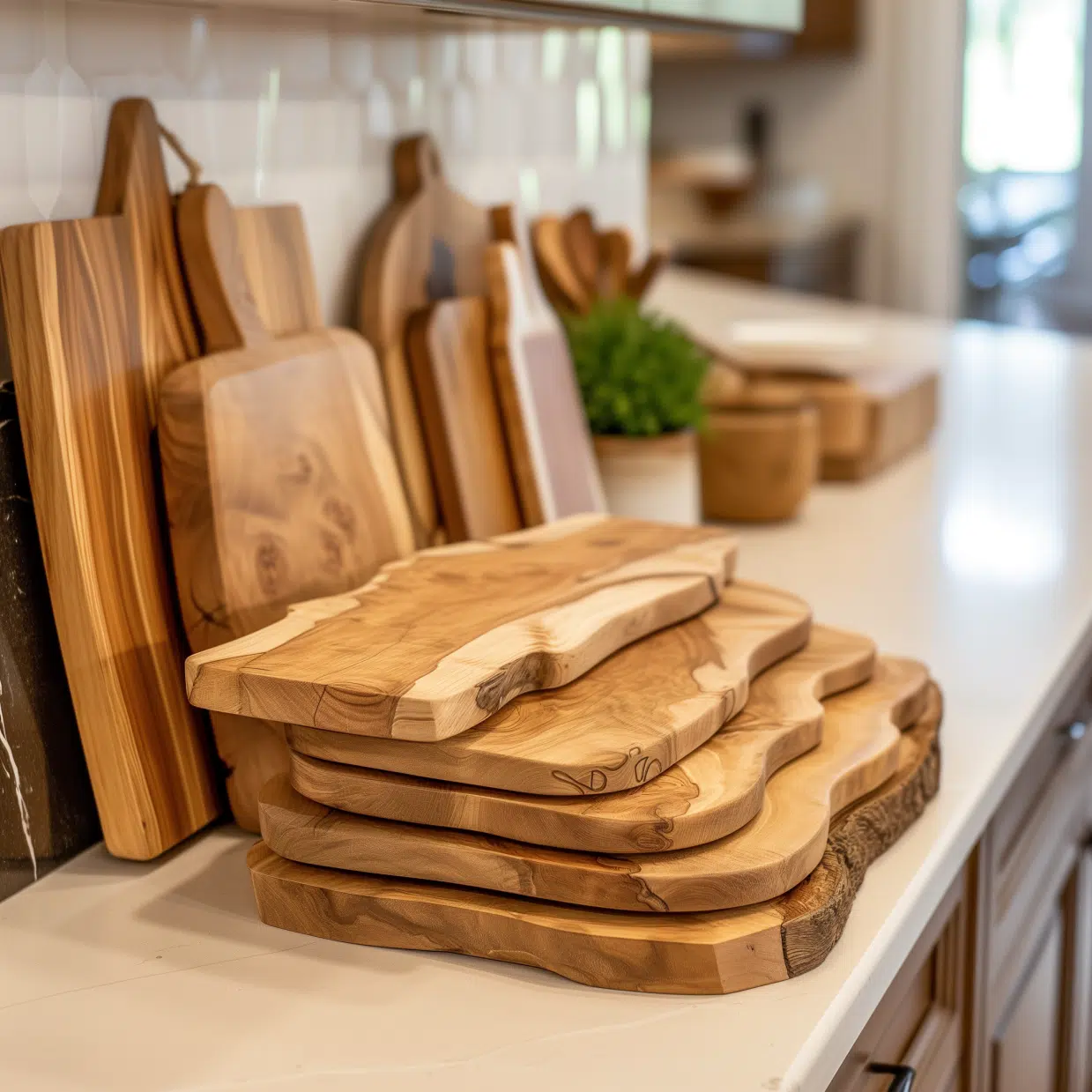 a stack of natural wood cutting boards neatly arranged on a kitchen counter, showcasing the warmth and organic beauty of the wood.