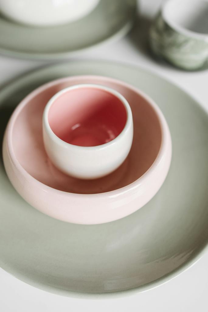 Pink Ceramic Cup Inside the Ceramic Bowls