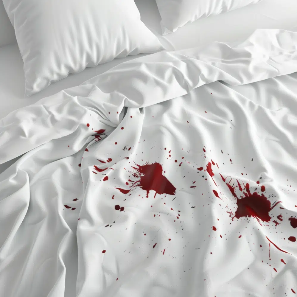 a bed covered in white bed that has blood stains to illustrate the understanding of the basics