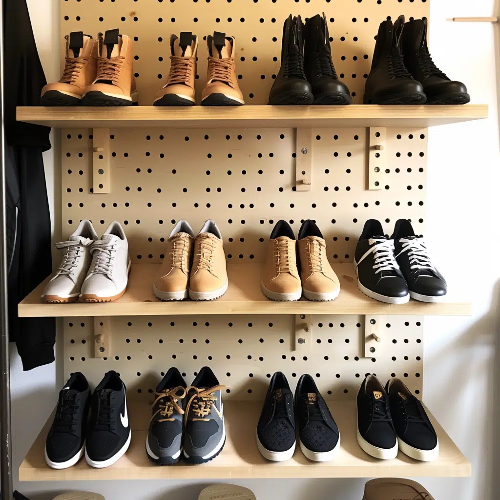 A variety of shoes neatly arranged on a wooden shelving unit with a pegboard back. The collection includes work boots, casual sneakers, and athletic shoes, displayed in a closet setting.  