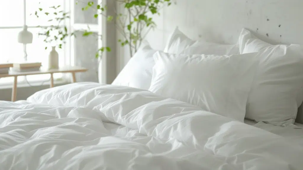 How to prevent duvet shifting inside the cover 4 A serene bedroom setting with natural light filtering through, showcasing a plush, white duvet cover effortlessly draped over a bed, surrounded by the freshness of indoor greenery and minimalist decor.