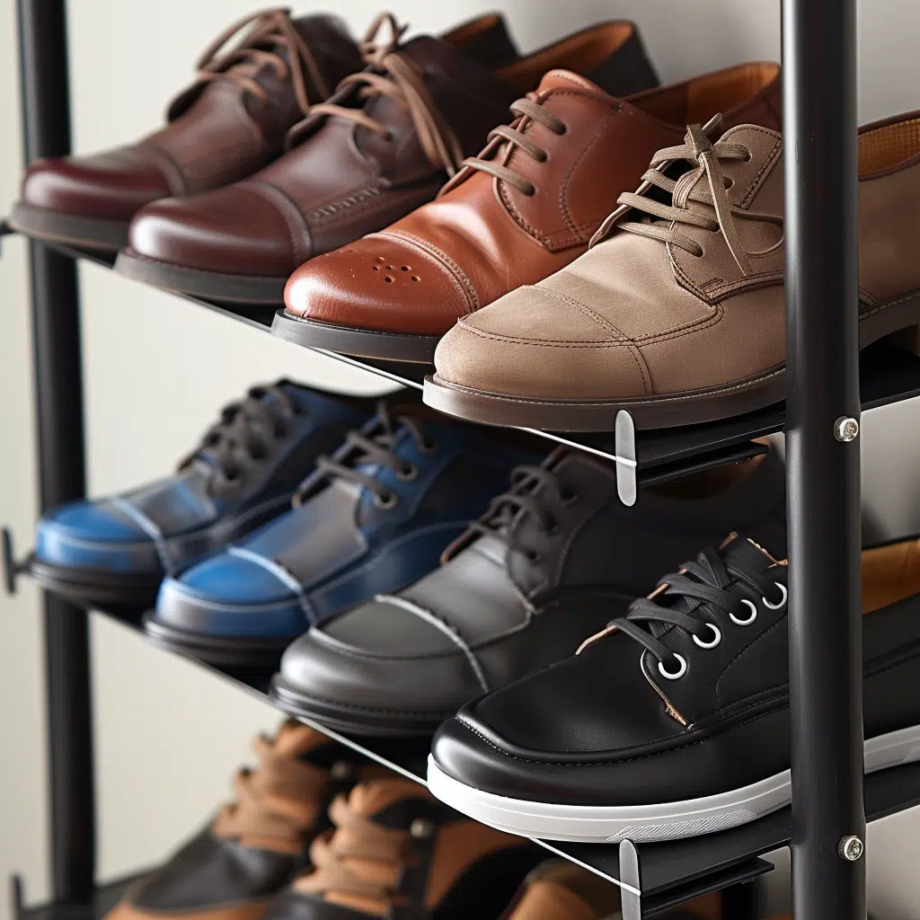 A collection of neatly organized men's shoes in various colors displayed on a multi-tiered shoe rack, indicating a tidy and systematic approach to footwear storage in a household 