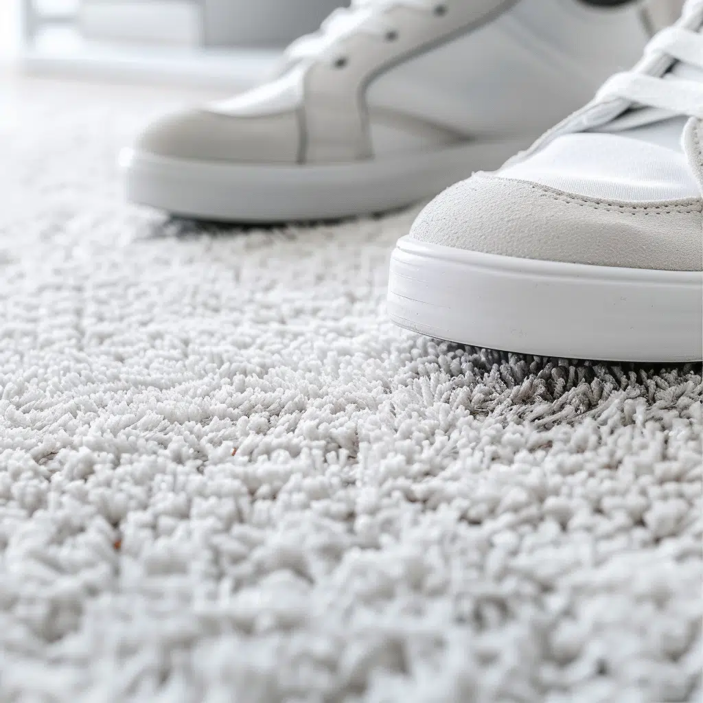 A close-up view of clean, white sneakers with a person standing on a fluffy, textured white carpet, potentially bringing attention to the contrast between the clean shoes and the pristine condition of the home interior. You Shouldn’t Wear Shoes Inside the House