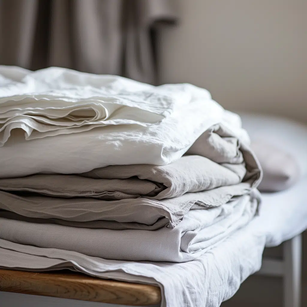 a stack of white and grey comforter folded. Organize Comforters