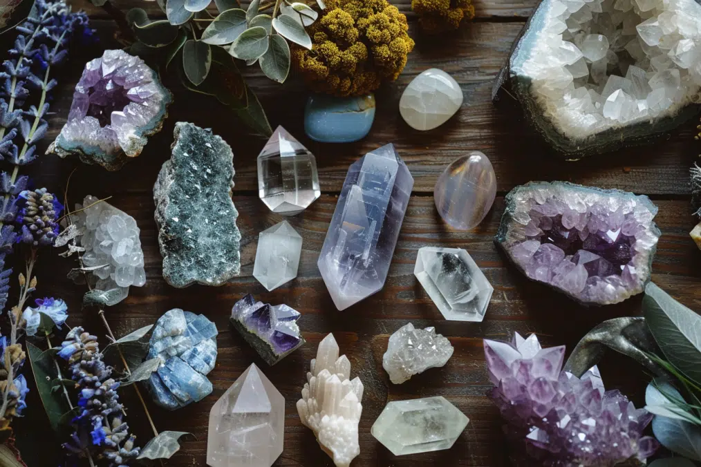 Yoga with Crystals: Amplify Your Practice Today! 3 cluster of healing crystals flatlay