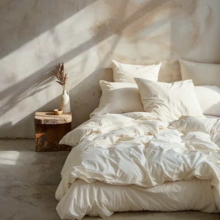 Close-up of a neatly made bed with a White Cotton Duvet Cover, highlighting its clean and simple design in a rustic bedroom setting.