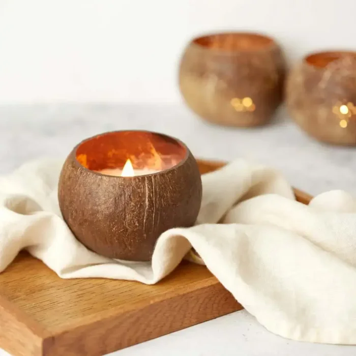 Coconut Shell Soy Candle on Wooden Tray