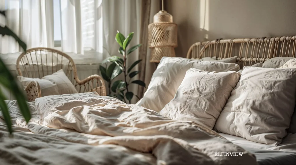 How to Choose Linen Sheets: Your Friendly Guide for Better Sleep 3 Cozy bedroom featuring beige linen sheets and pillows on a neatly made bed, demonstrating how to choose linen sheets with natural light filtering through white curtains.