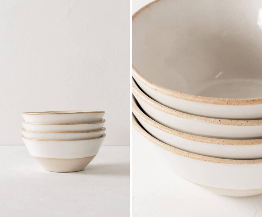 28 oz White Stoneware Bowl Set of 4 | CONVIVIAL 4 stoneware dinnerware sets closeup collage
