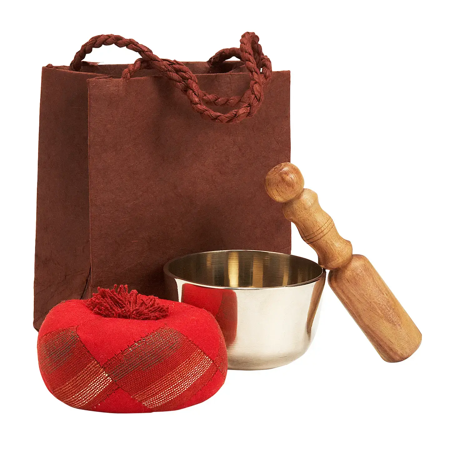 Delicate Tibetan Singing Bowl Set 3 Tibetan Singing Bowl Set with a brass bowl, wooden mallet, red cushion, and carrying bag.