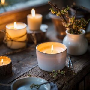 Cozy setting with multiple lit cotton wick candles in white containers on a rustic wooden table, surrounded by small branches and flowers. Wood wick vs cotton wick candles.