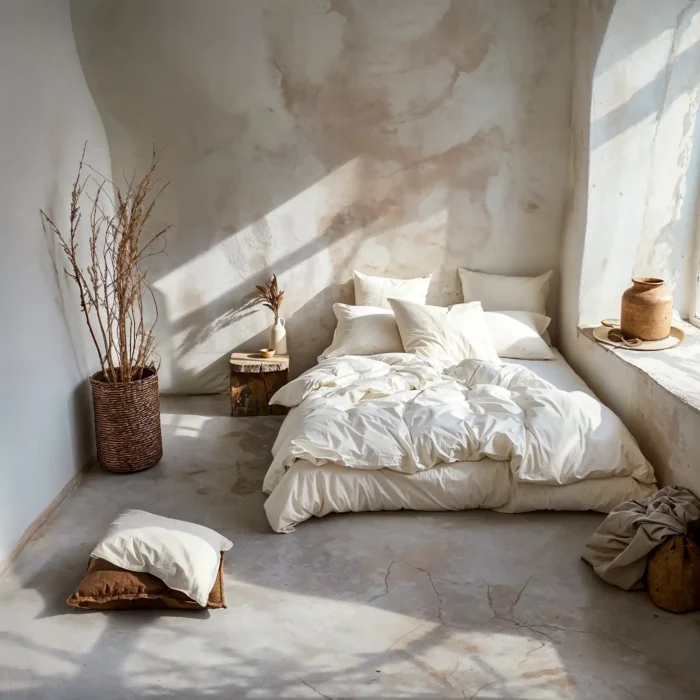 duver cover A sunlit bedroom featuring a white organic cotton duvet cover on a bed, with minimalistic decor and a rustic ambiance.