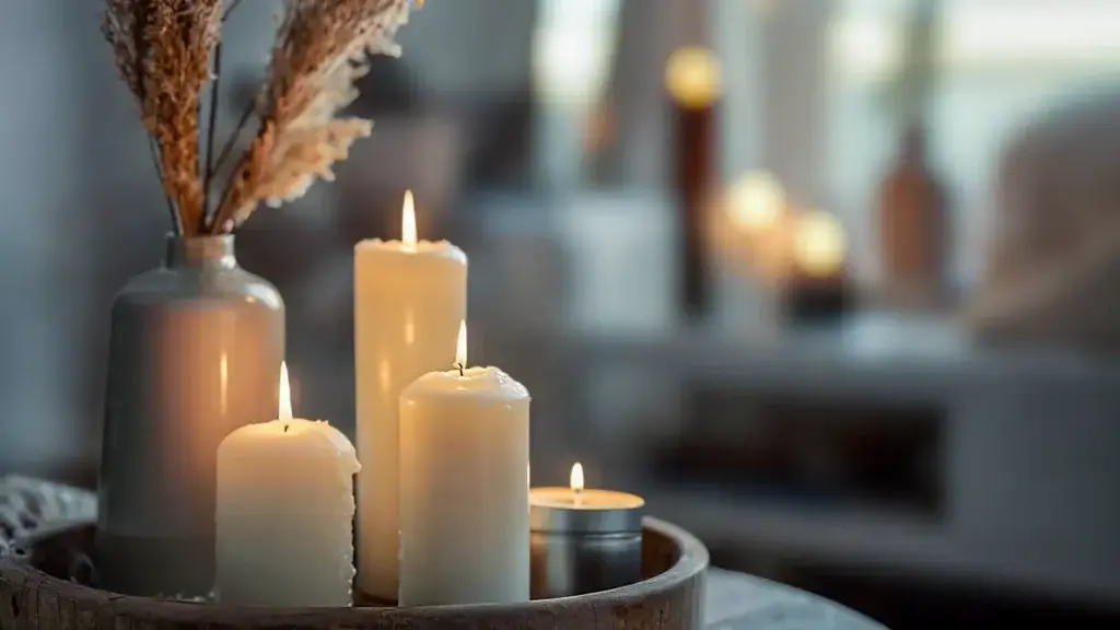 Understand Soy Candle Burn Time 2 A cozy, dimly lit room with a tray holding three white candles of varying heights burning gently, illustrating "how long does a candle burn for one". In the background, a vase with dried flowers adds a touch of natural decor, enhancing the warm and peaceful ambiance.