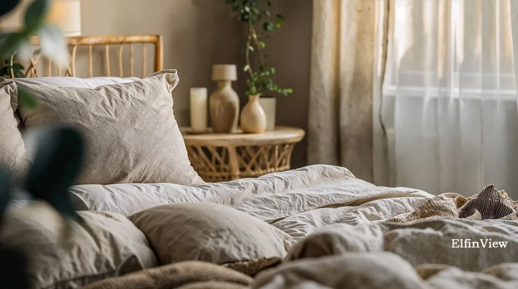 How to Choose Linen Sheets: Your Friendly Guide for Better Sleep 5 Serene bedroom with a beautifully made bed featuring light linen bedding and decorative pillows, exemplifying how to choose linen bedding, creating a peaceful atmosphere.