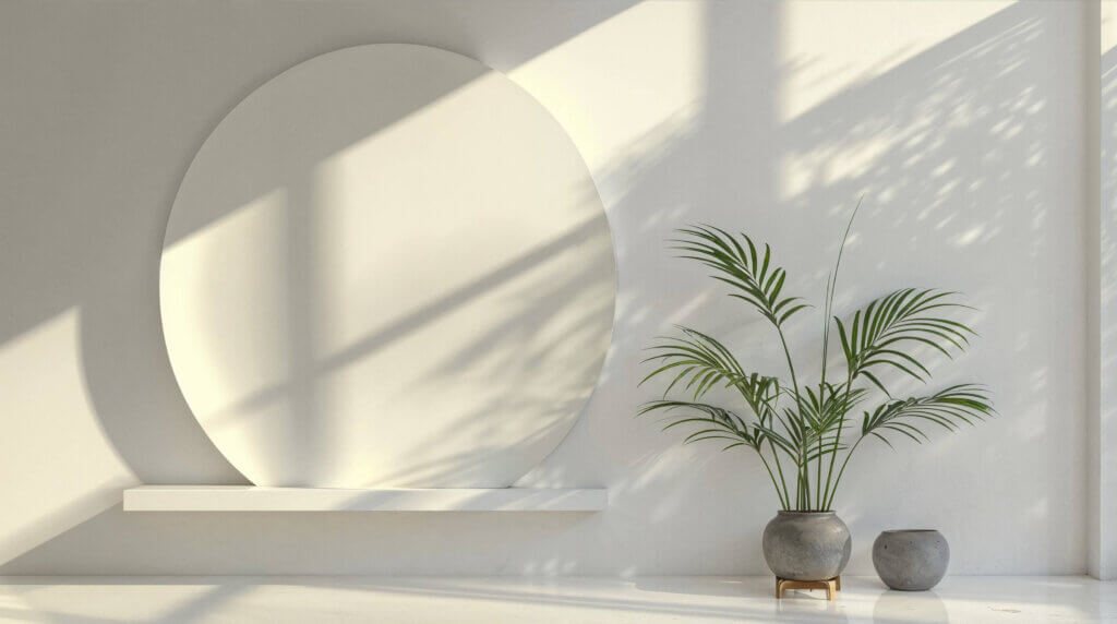 19 Sustainable and eco-friendly Home Decor Design Ideas for Your Home 2 Minimalist sustainable and eco-friendly home decor featuring a circular mirror, potted plant, and neutral color palette, highlighting the beauty and simplicity of eco-friendly design.