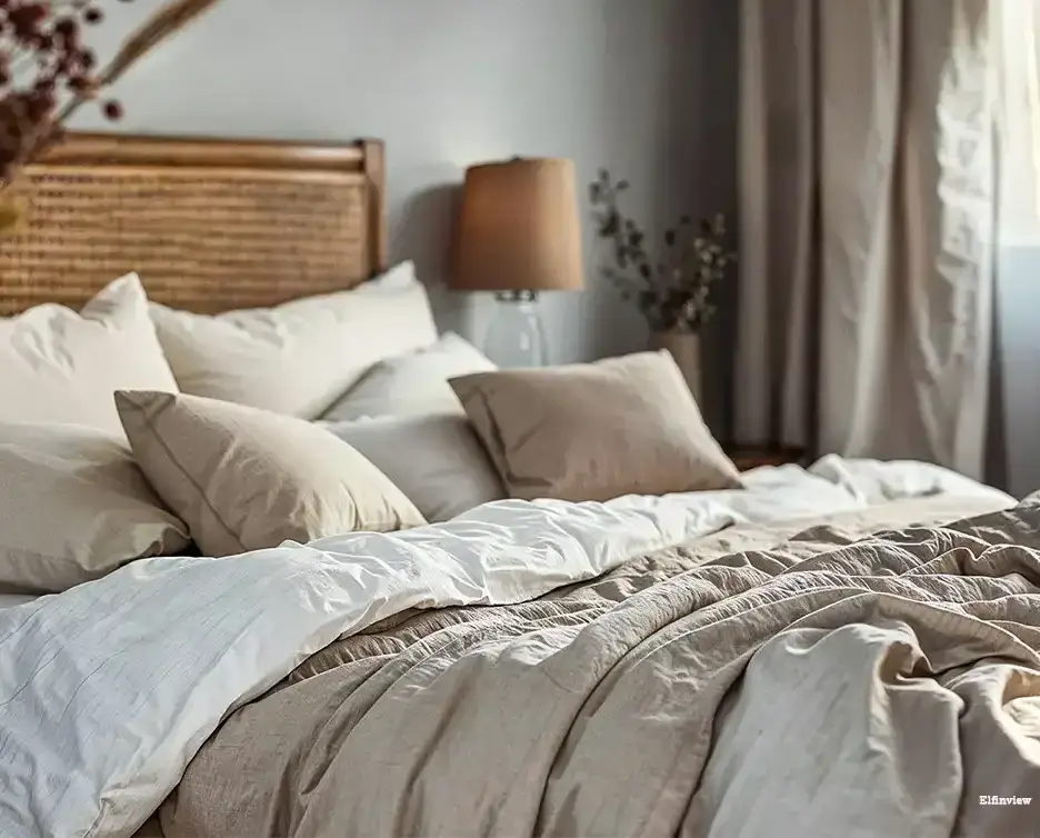 The Best Curated Selection of Ethical and Sustainable Goods 20 sustainable home decor. Elegant bedroom showcasing soft linen sheets in earthy tones.