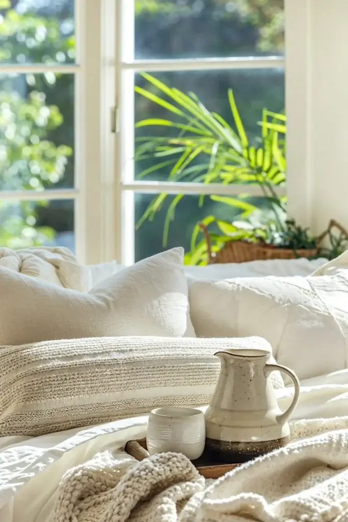 FOURTH OF JULY SALE - SUMMER SALE 1 A bright, airy scene of a stylish summer home interior. Large windows or glass doors open to a lush garden or a serene beach view, letting in plenty of natural light. Fourth of July sale