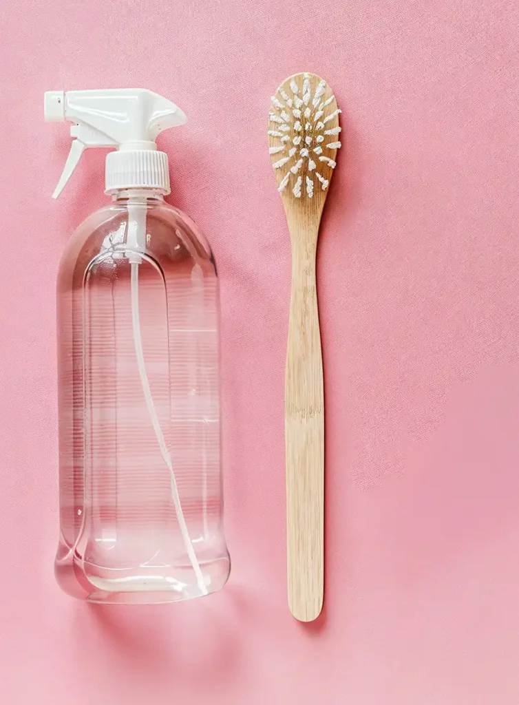 How to Keep Your Toilet Brush Clean 2 a clean bottle filled with cleaning solution and a wooden cleaning brush on a pink background