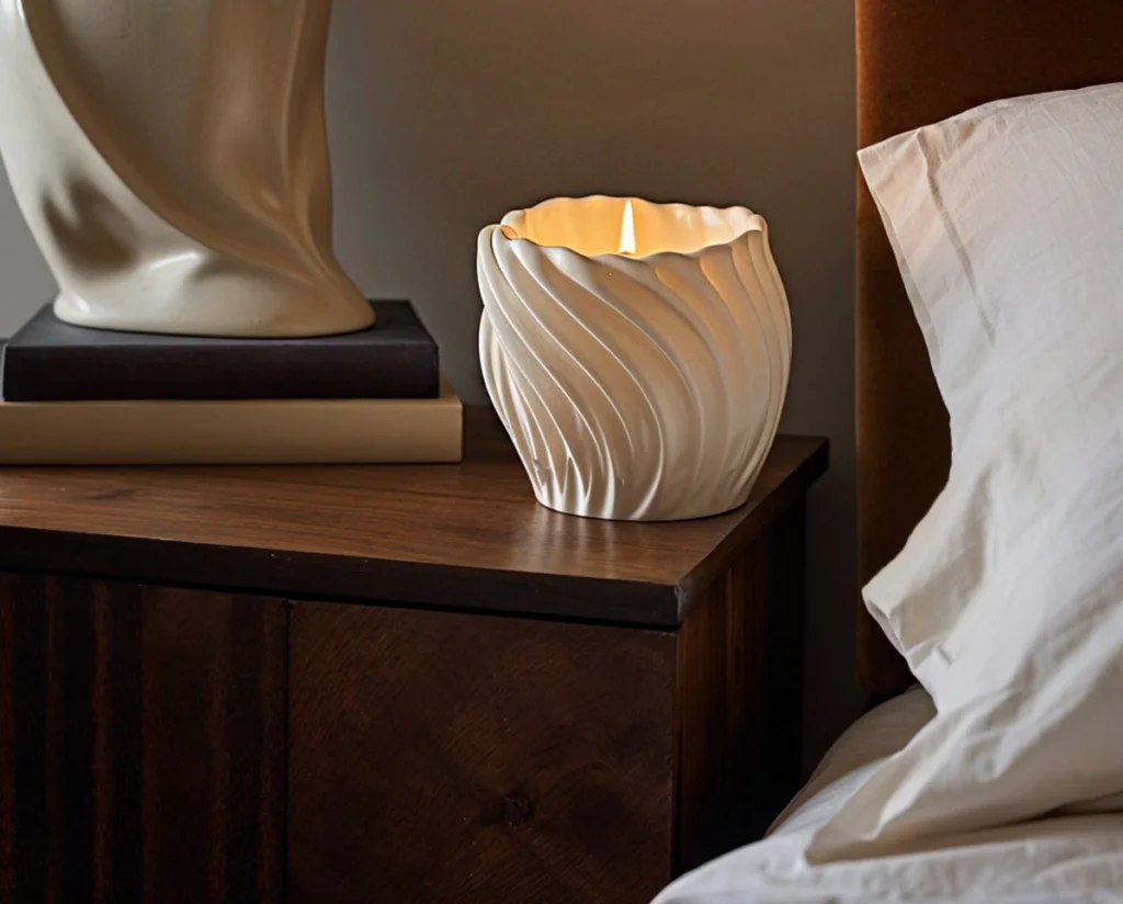 35 Nightstand Decor Ideas For a Spicy Makeover 11 Personalize Your Nightstand Decor with candle as shown in the picture with white sculptural candle