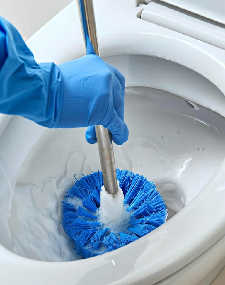 gloved hand cleaning inside a toilet bowl with a toilet brush to illustrate how to keep your toilet brush clean