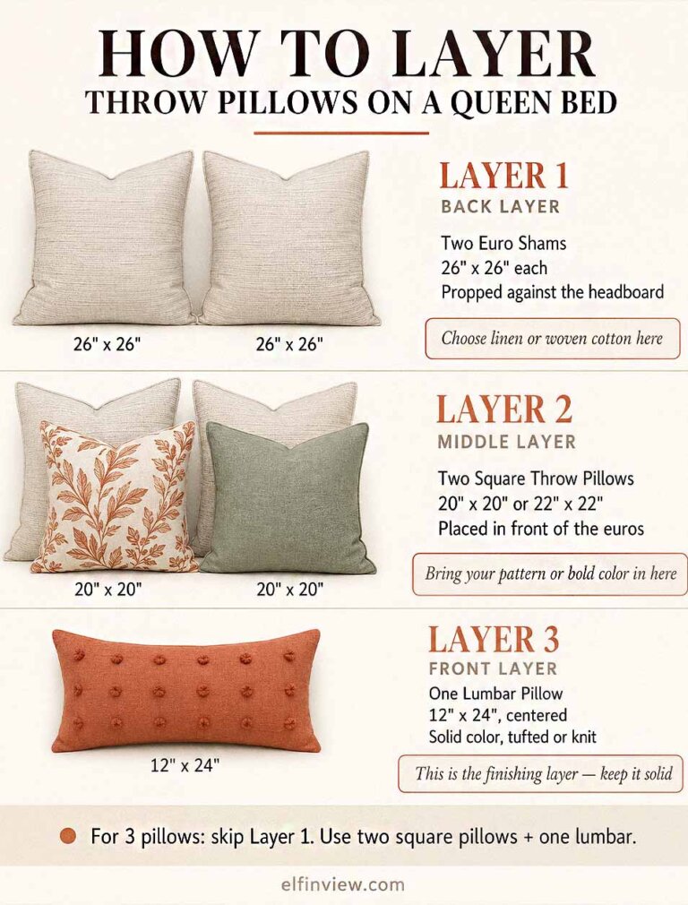 How to Choose Throw Pillows for Your Bed | 5 Proven, Perfect Tips 6 how to layer throw pillows on a queen bed, step by step diagram showing euro shams in back, square throw pillows in middle, and lumbar pillow at front
